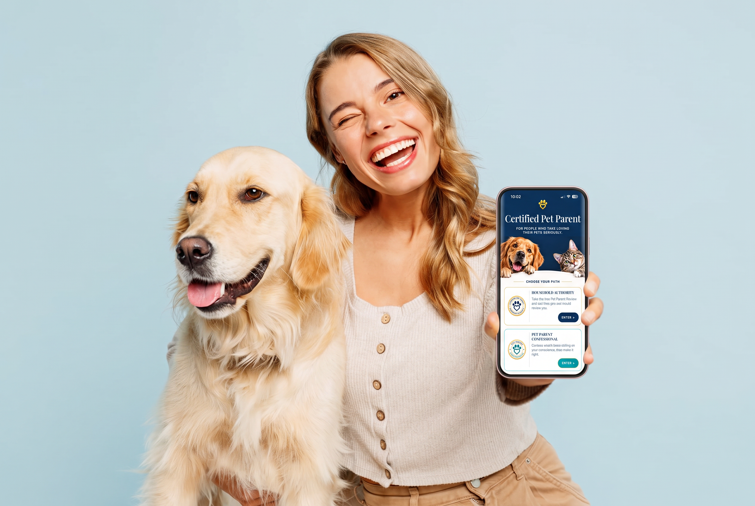A woman with her Golden Retriever holding a phone displaying Certified Pet Parent